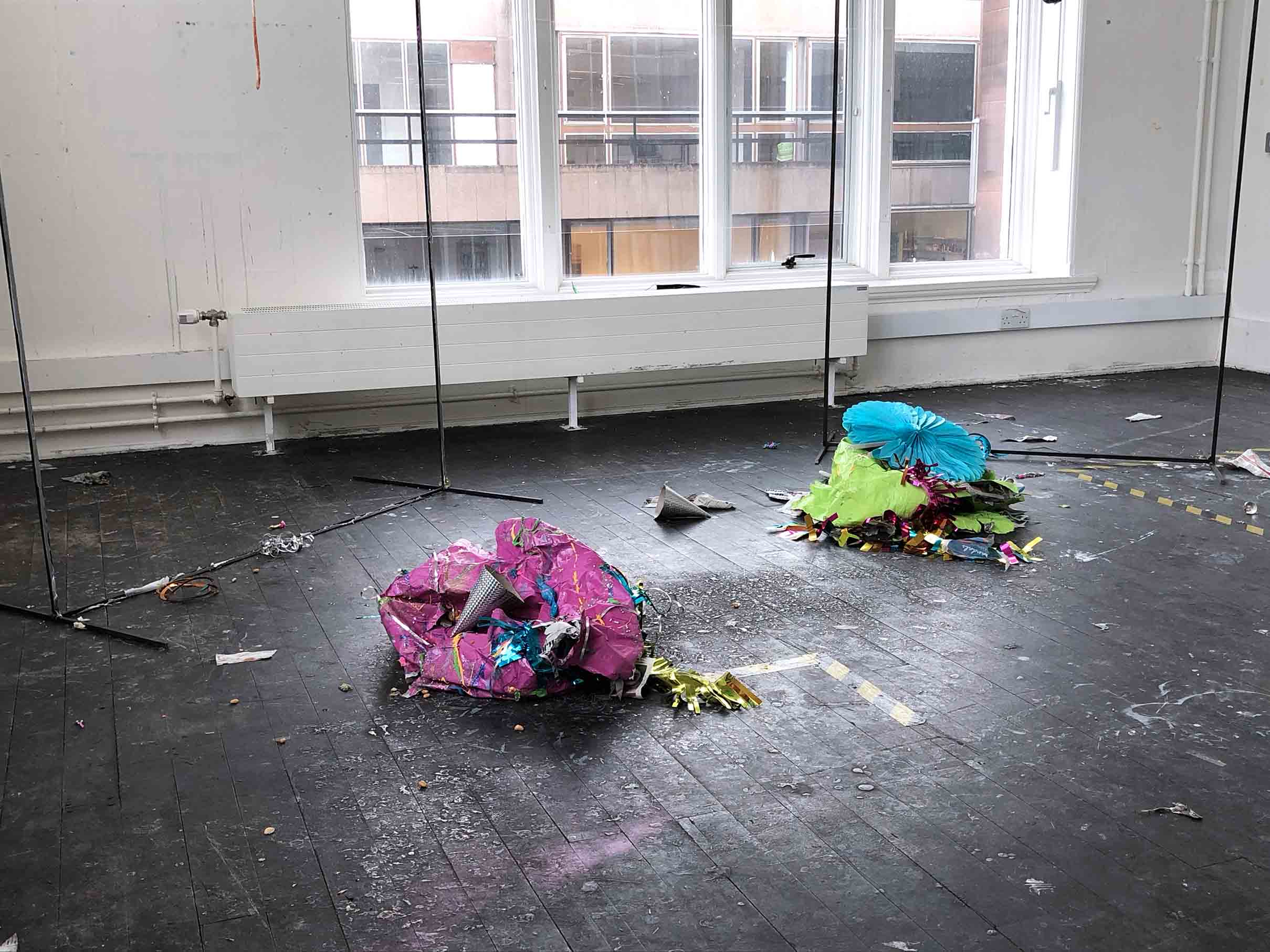 FULL FILLED, 2021  - Exterior: : X2 metal frames, spray paint on papier mâché, slime, bouncing putty, party decorations / Interior: baked beans, glitter star bouncy balls