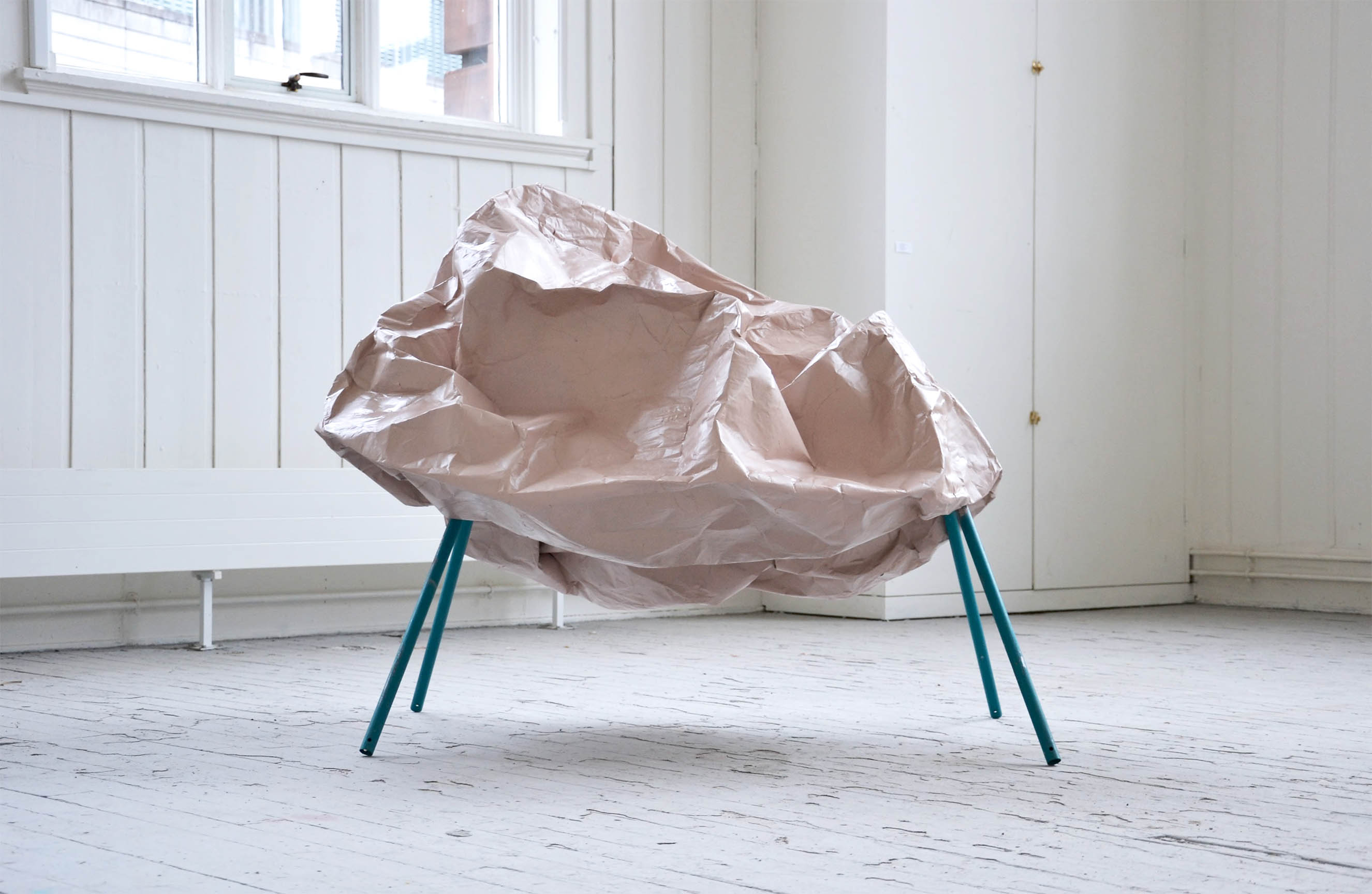 BRACE, 2022 - papier-mâché, ‘flesh’ spray paint, ¼ of a steel swing set