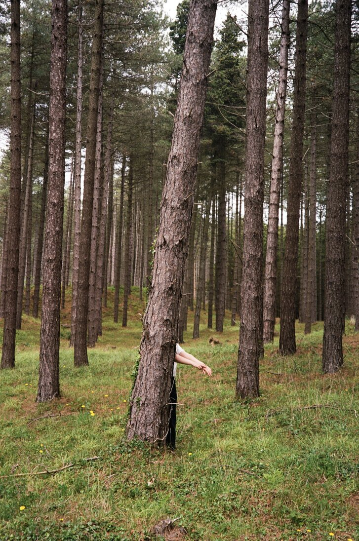 body hidden behind a tree