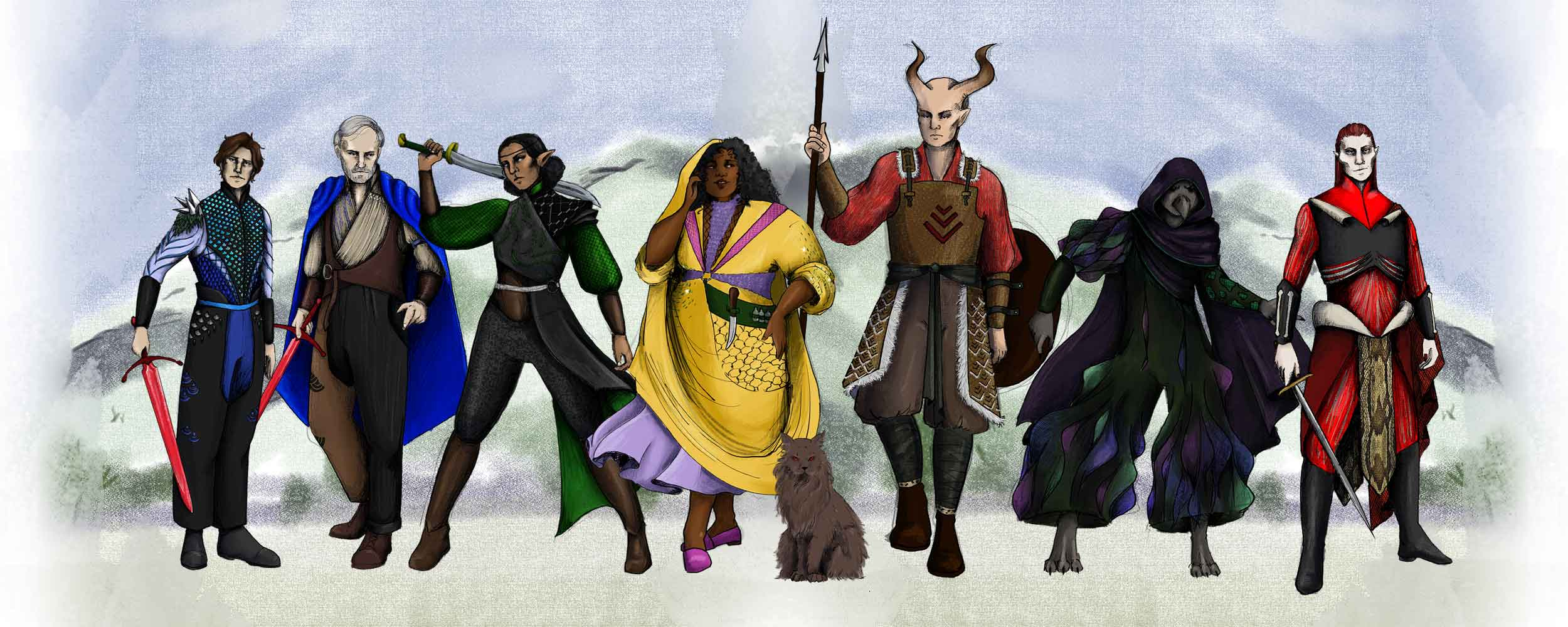 Final line up of all character costume designs. There are eight designs in total