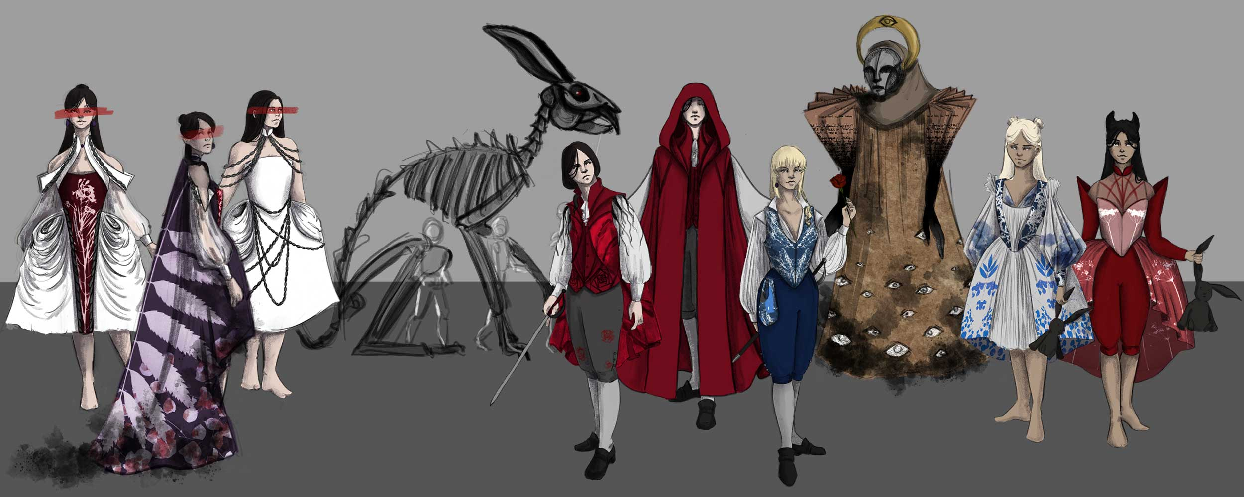 A line up of all the final costume designs from Pandora Hearts. There are ten designs in total