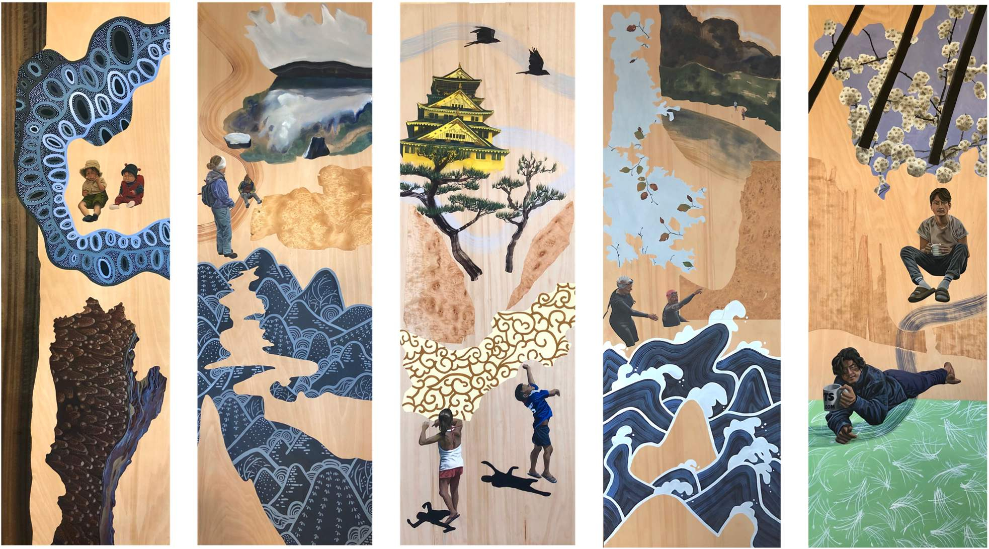 five paintings - landscapes with figures